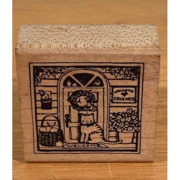 Delafield Stamp Company #E431 Wood Mounted Rubber Stamp Front Porch Door Cat - Picture 1 of 7